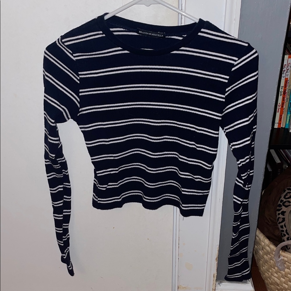 Brandy Melville Navy and White Striped Ribbed Top